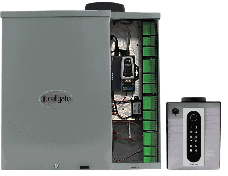 CellGate Entría Four Door Controller enclosure and Single Door Controller side by side, showing internal wiring terminals
