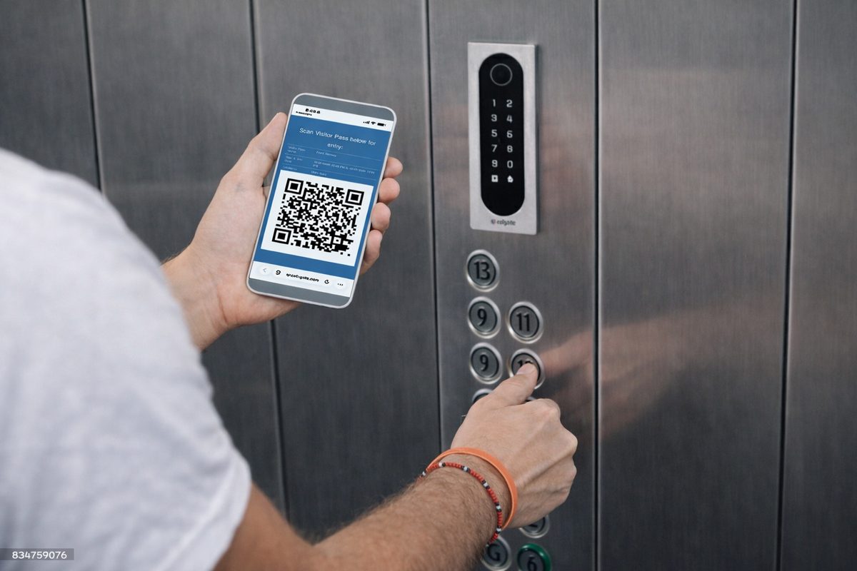Visitor scanning a QR code visitor pass on a CellGate reader inside an elevator cab to select an authorized floor