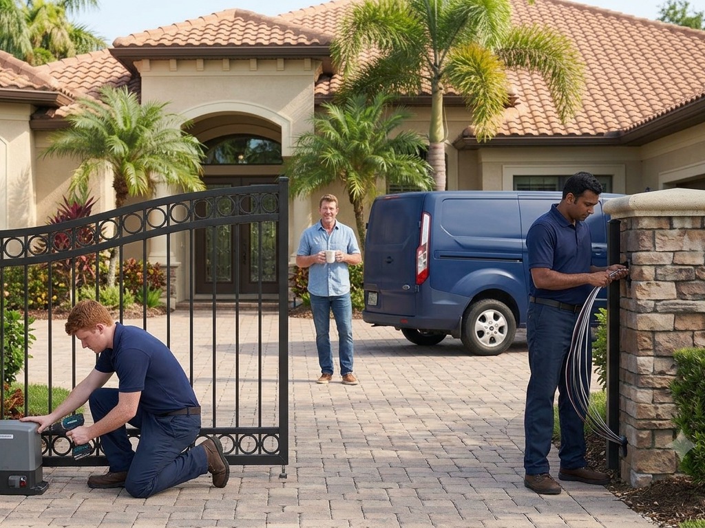 Ark Security Solutions crew and branded van installing a gate system at a residential property
